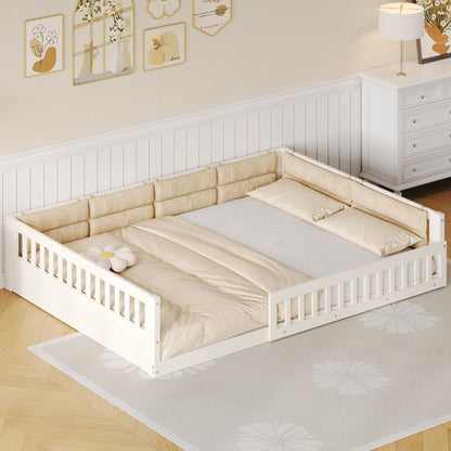 Wood Full Size Upholstered Platform Bed with Guardrail and Pillow, Beige image 2