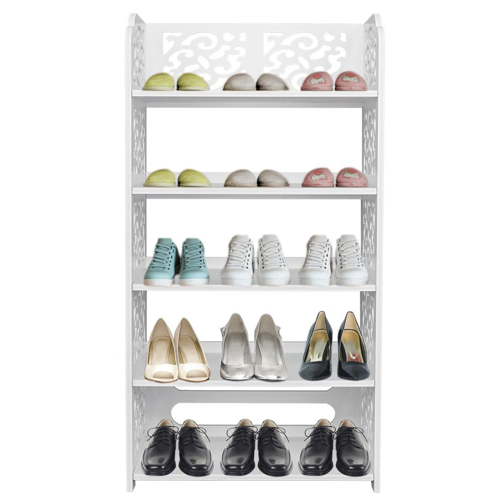 Wood-plastic Board Five Tiers Carved Shoe Rack White - in living room