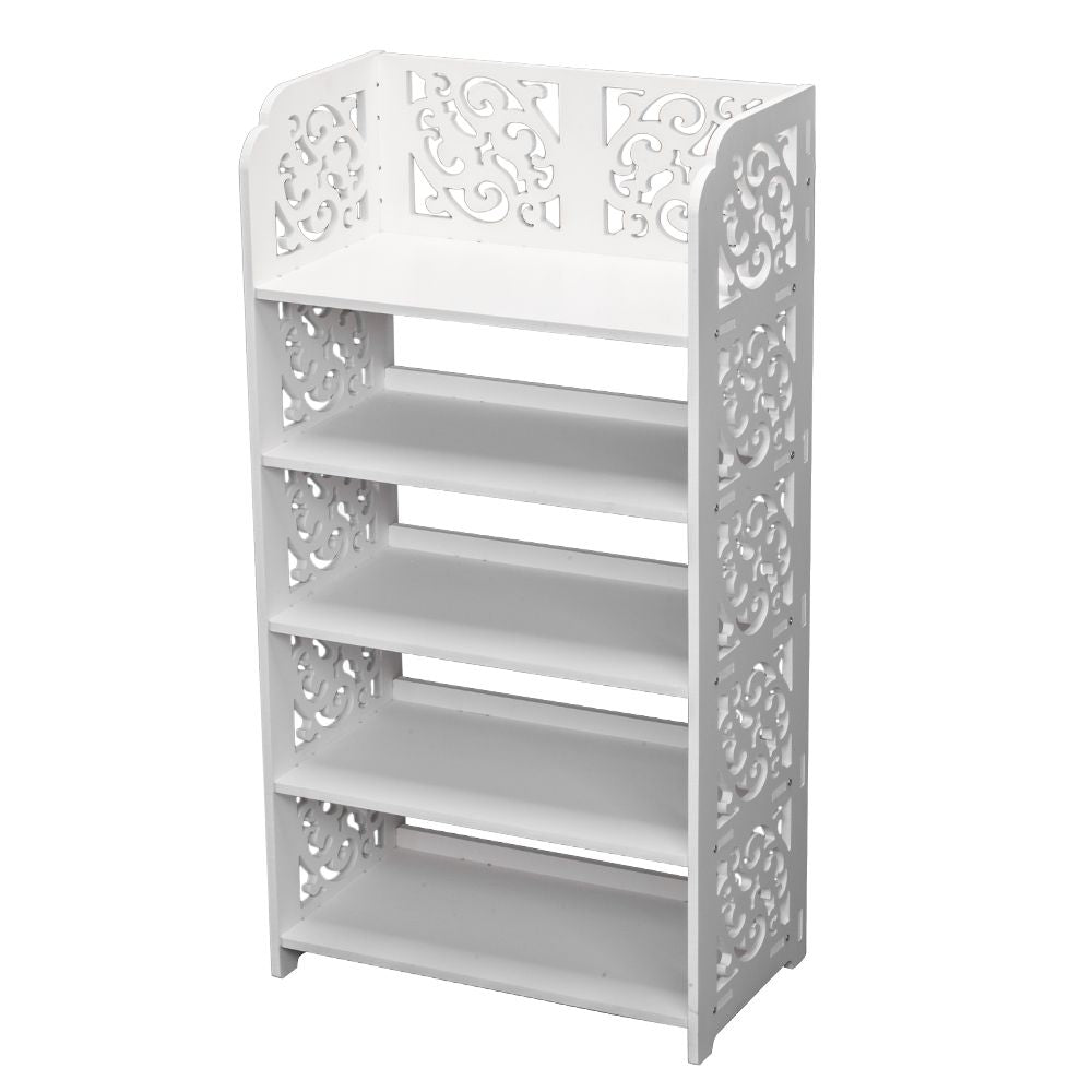Wood-plastic Board Five Tiers Carved Shoe Rack White - front view