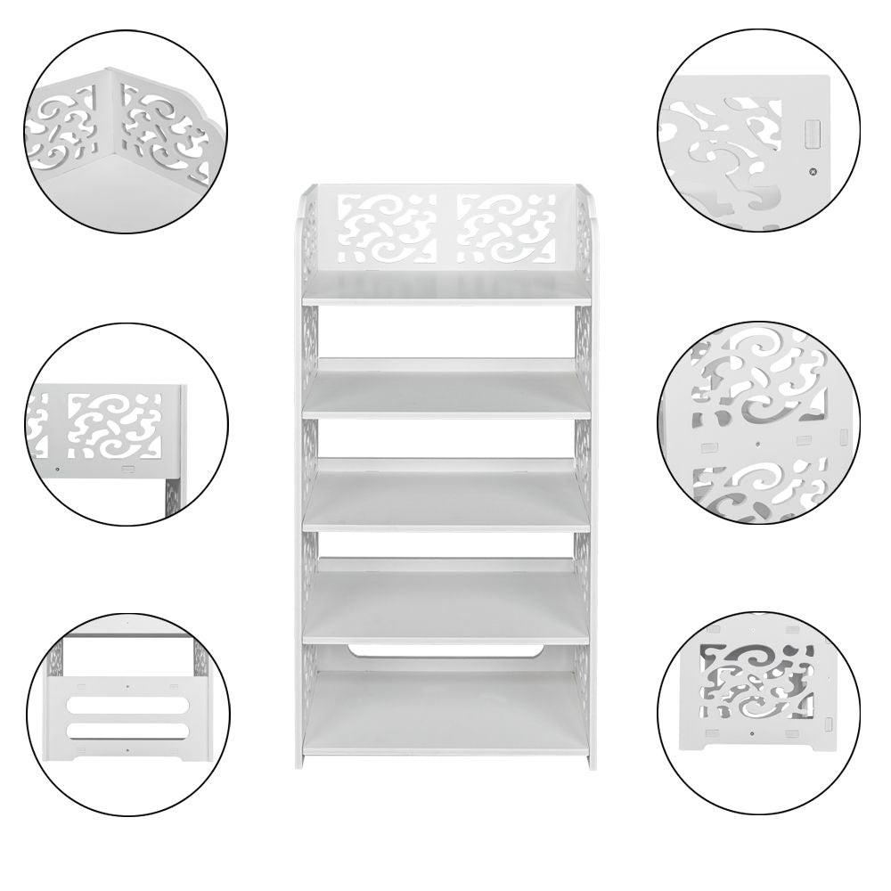 Wood-plastic Board Five Tiers Carved Shoe Rack White - with potted plant