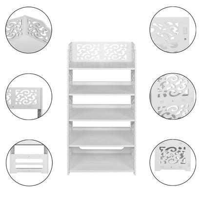 Wood-plastic Board Five Tiers Carved Shoe Rack White - with potted plant