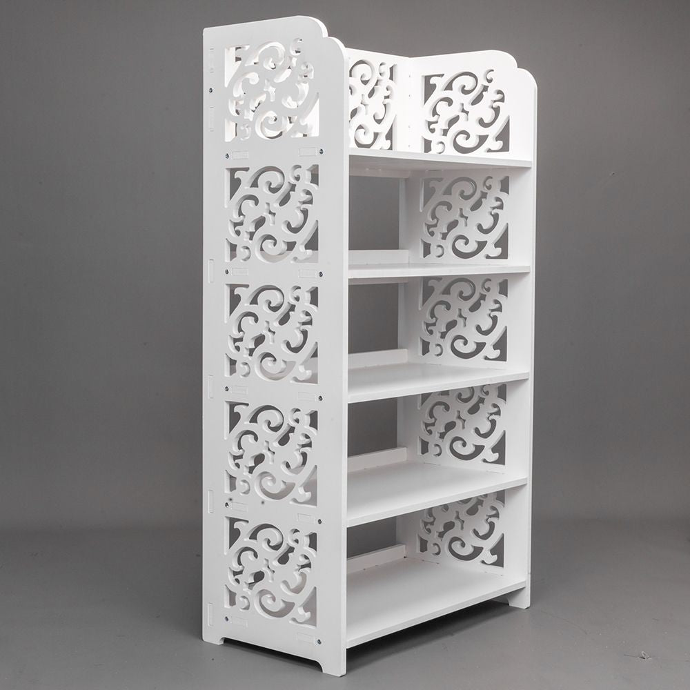 Wood-plastic Board Five Tiers Carved Shoe Rack White - angled view
