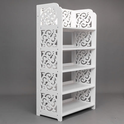 Wood-plastic Board Five Tiers Carved Shoe Rack White - angled view