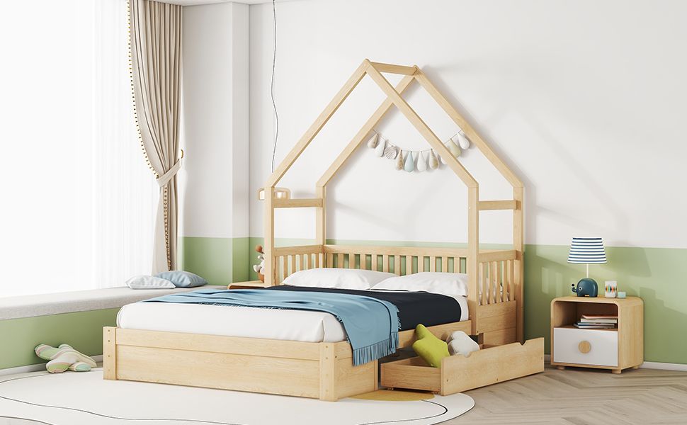 Wood Queen Size House Platform Bed with Guardrail and 2 Drawers, Natural image 6