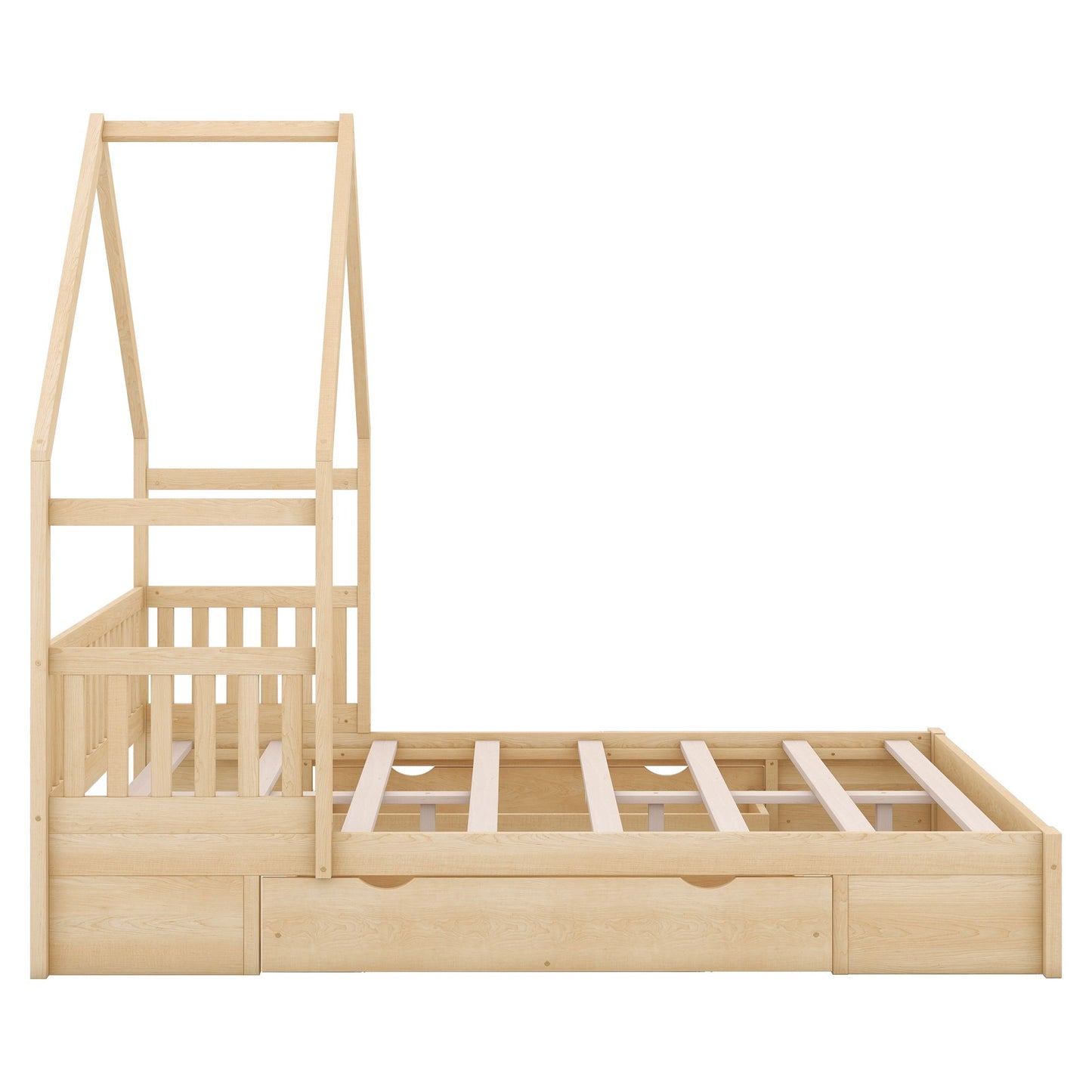 Wood Queen Size House Platform Bed with Guardrail and 2 Drawers, Natural image 12