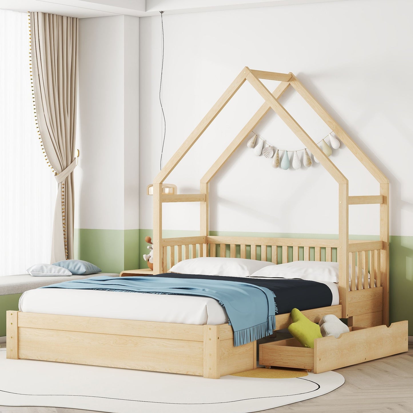 Wood Queen Size House Platform Bed with Guardrail and 2 Drawers, Natural image 2
