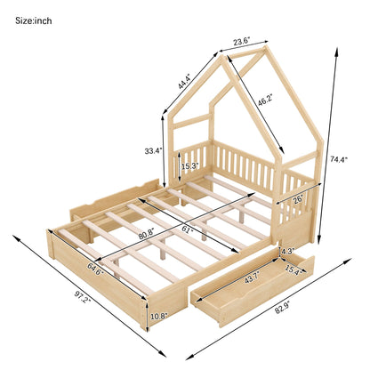Wood Queen Size House Platform Bed with Guardrail and 2 Drawers, Natural image 10