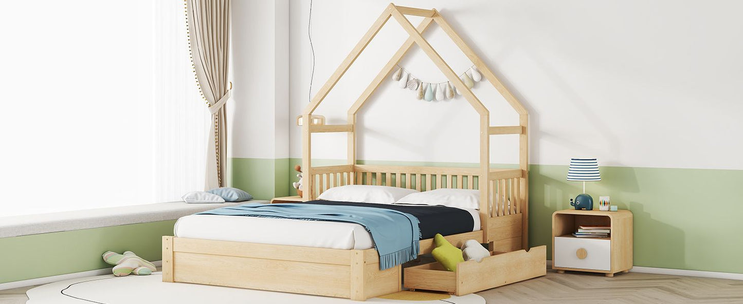 Wood Queen Size House Platform Bed with Guardrail and 2 Drawers, Natural image 8