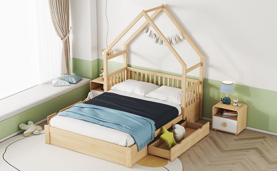 Wood Queen Size House Platform Bed with Guardrail and 2 Drawers, Natural image 5
