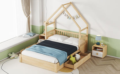 Wood Queen Size House Platform Bed with Guardrail and 2 Drawers, Natural image 5