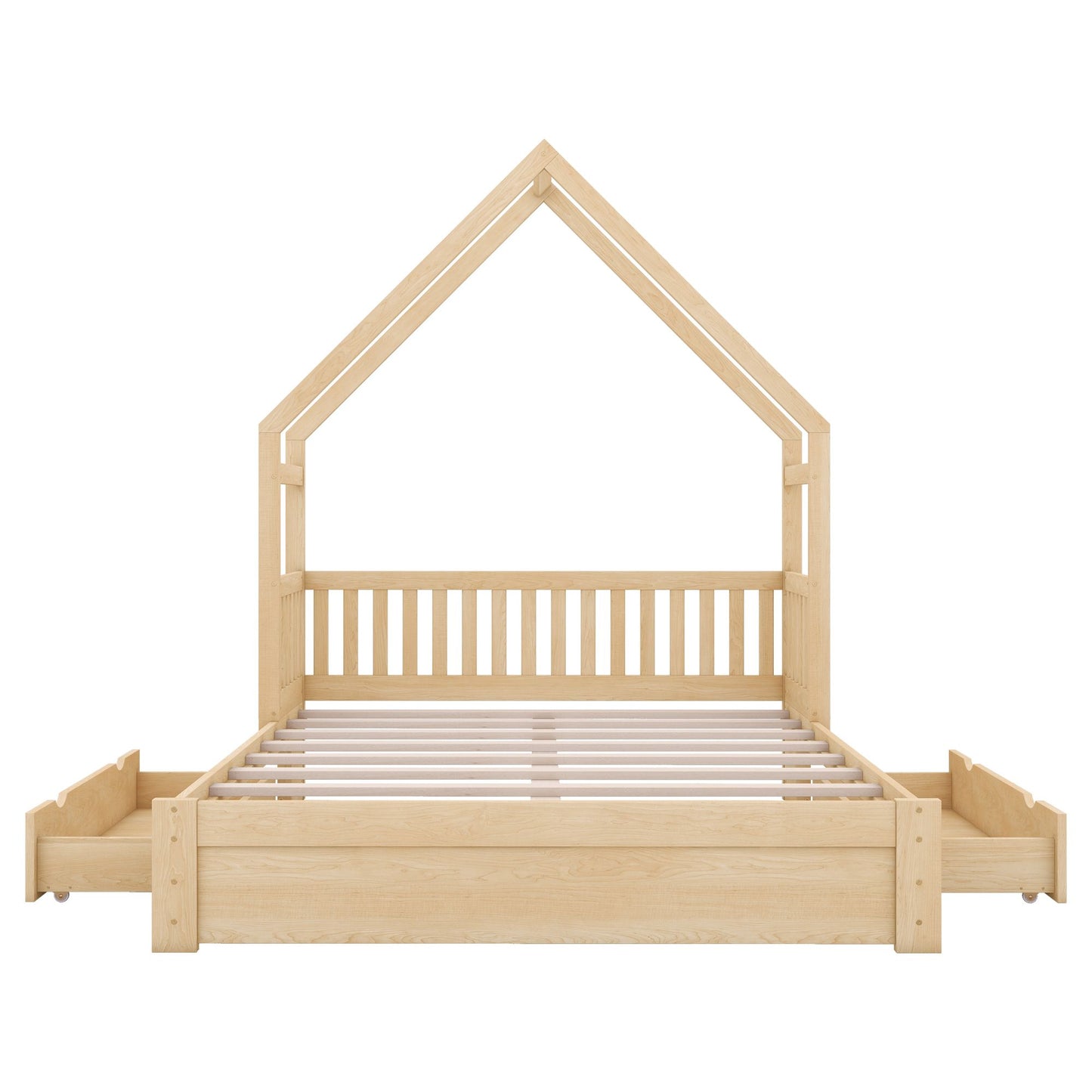 Wood Queen Size House Platform Bed with Guardrail and 2 Drawers, Natural image 11