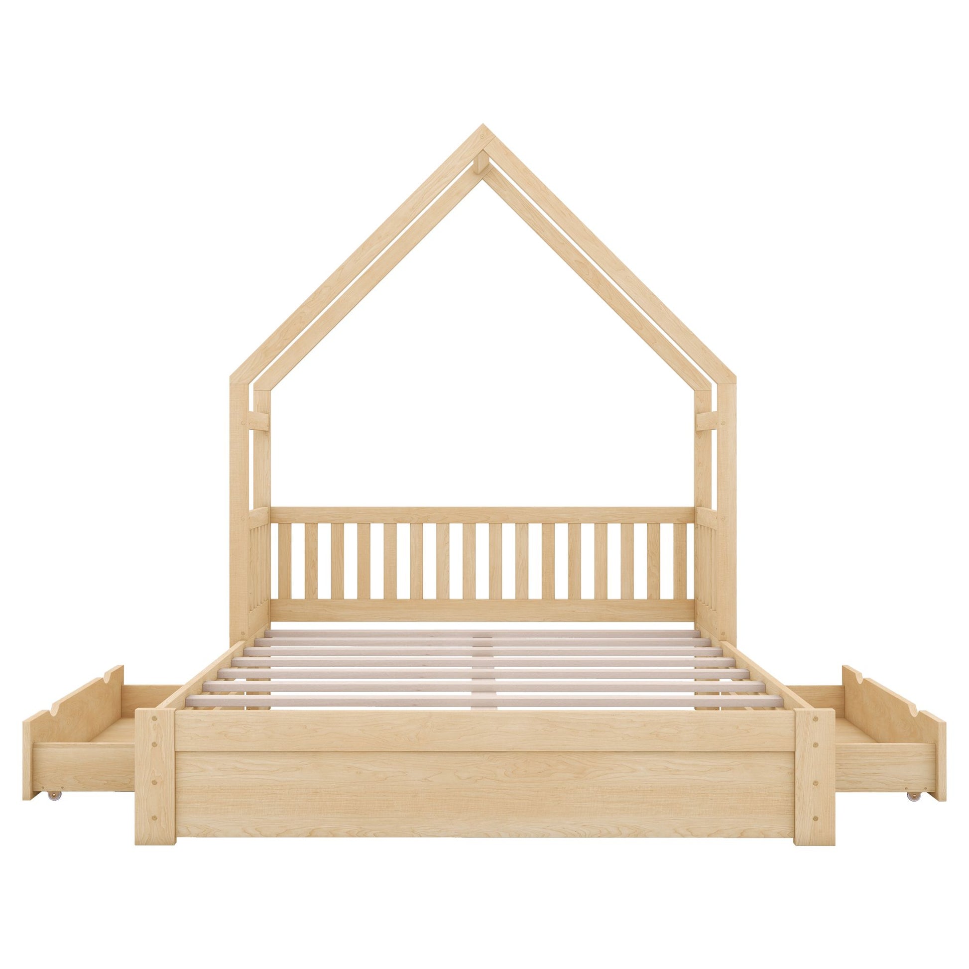 Wood Queen Size House Platform Bed with Guardrail and 2 Drawers, Natural image 11