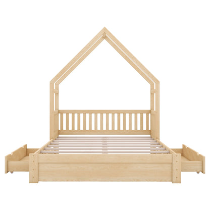 Wood Queen Size House Platform Bed with Guardrail and 2 Drawers, Natural image 11