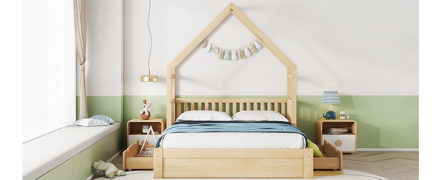 Wood Queen Size House Platform Bed with Guardrail and 2 Drawers, Natural image 7