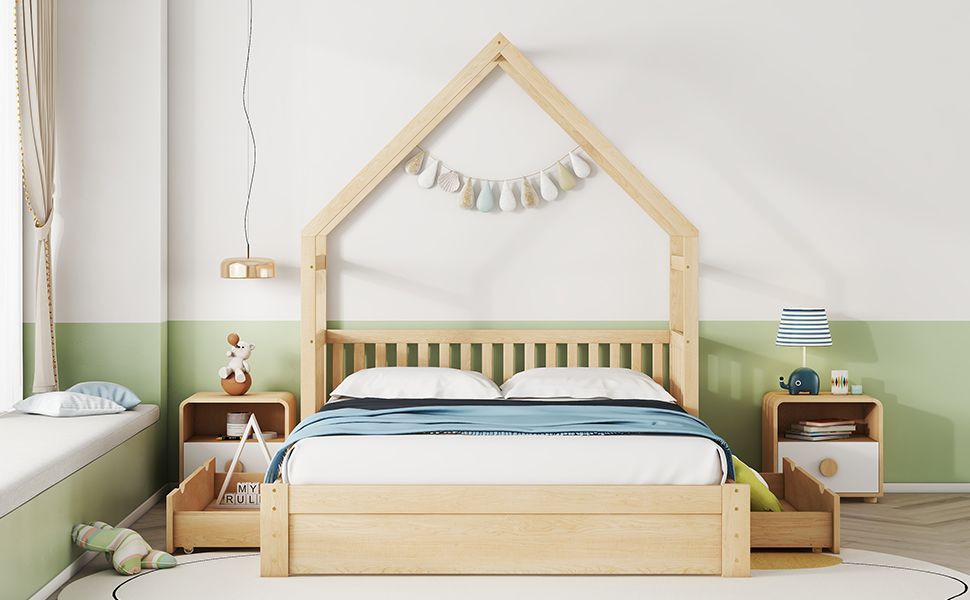 Wood Queen Size House Platform Bed with Guardrail and 2 Drawers, Natural image 4
