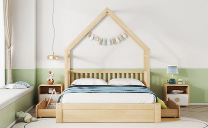 Wood Queen Size House Platform Bed with Guardrail and 2 Drawers, Natural image 4