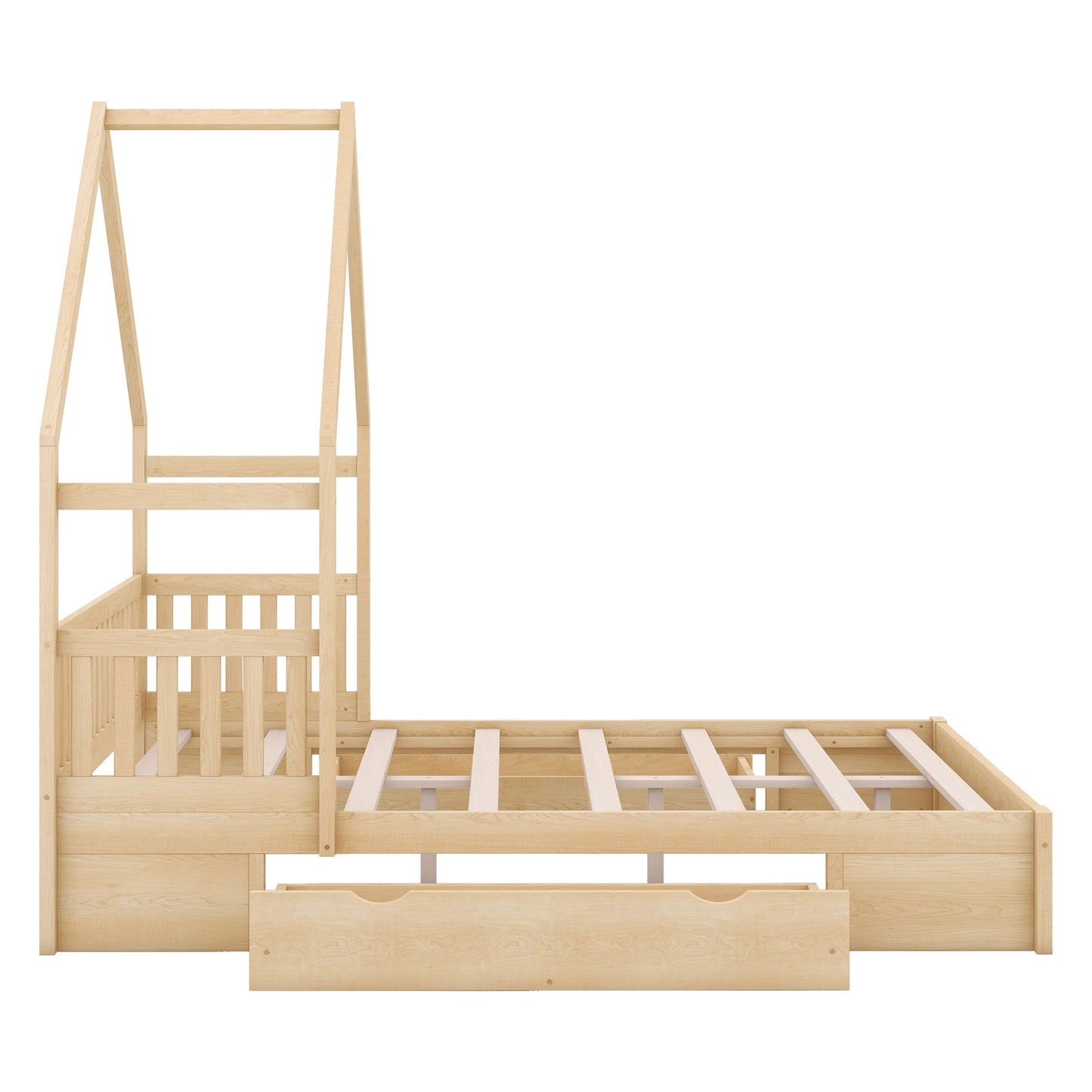 Wood Queen Size House Platform Bed with Guardrail and 2 Drawers, Natural image 15