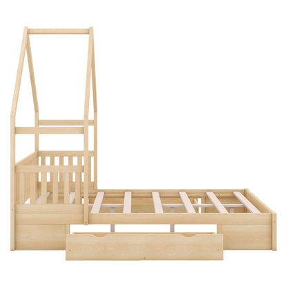 Wood Queen Size House Platform Bed with Guardrail and 2 Drawers, Natural image 15