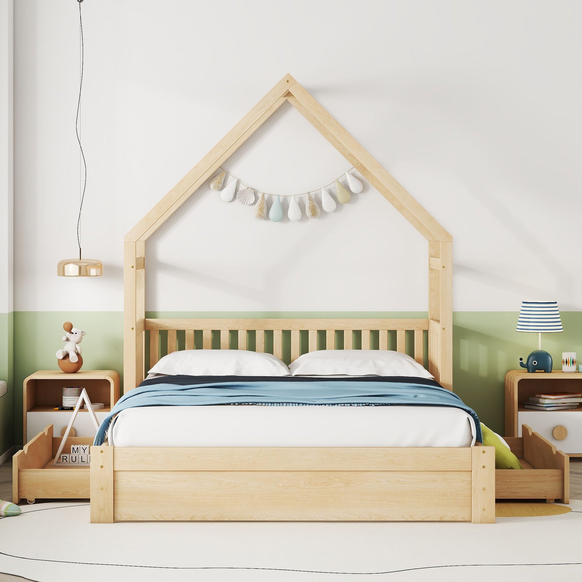 Wood Queen Size House Platform Bed with Guardrail and 2 Drawers, Natural image 3