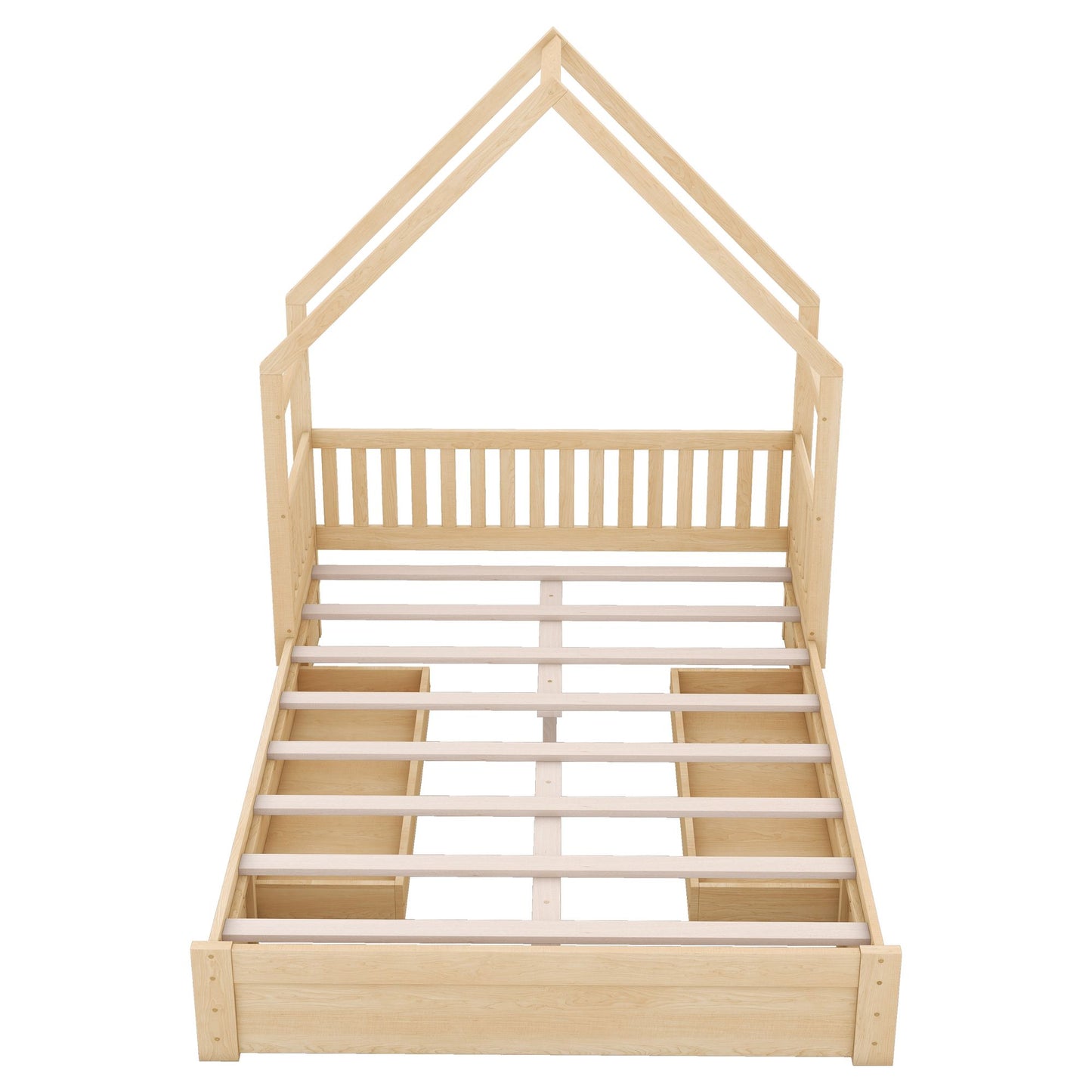 Wood Queen Size House Platform Bed with Guardrail and 2 Drawers, Natural image 14