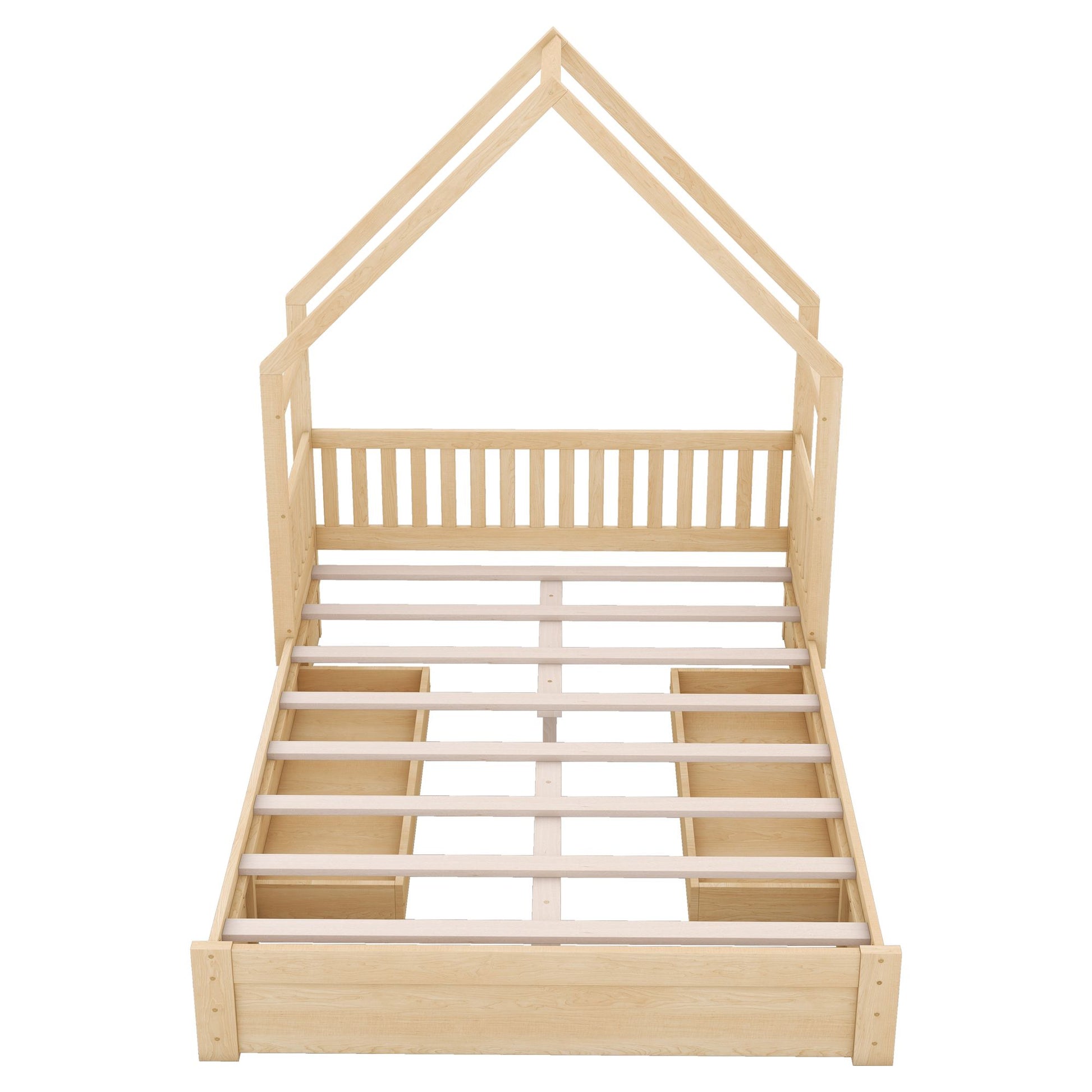 Wood Queen Size House Platform Bed with Guardrail and 2 Drawers, Natural image 14