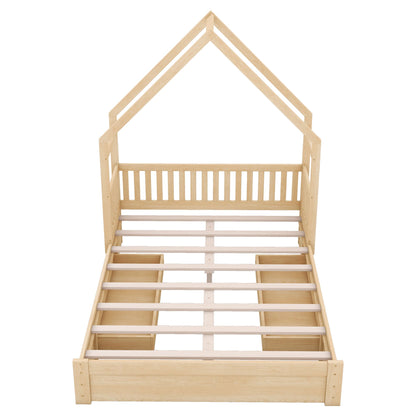 Wood Queen Size House Platform Bed with Guardrail and 2 Drawers, Natural image 14