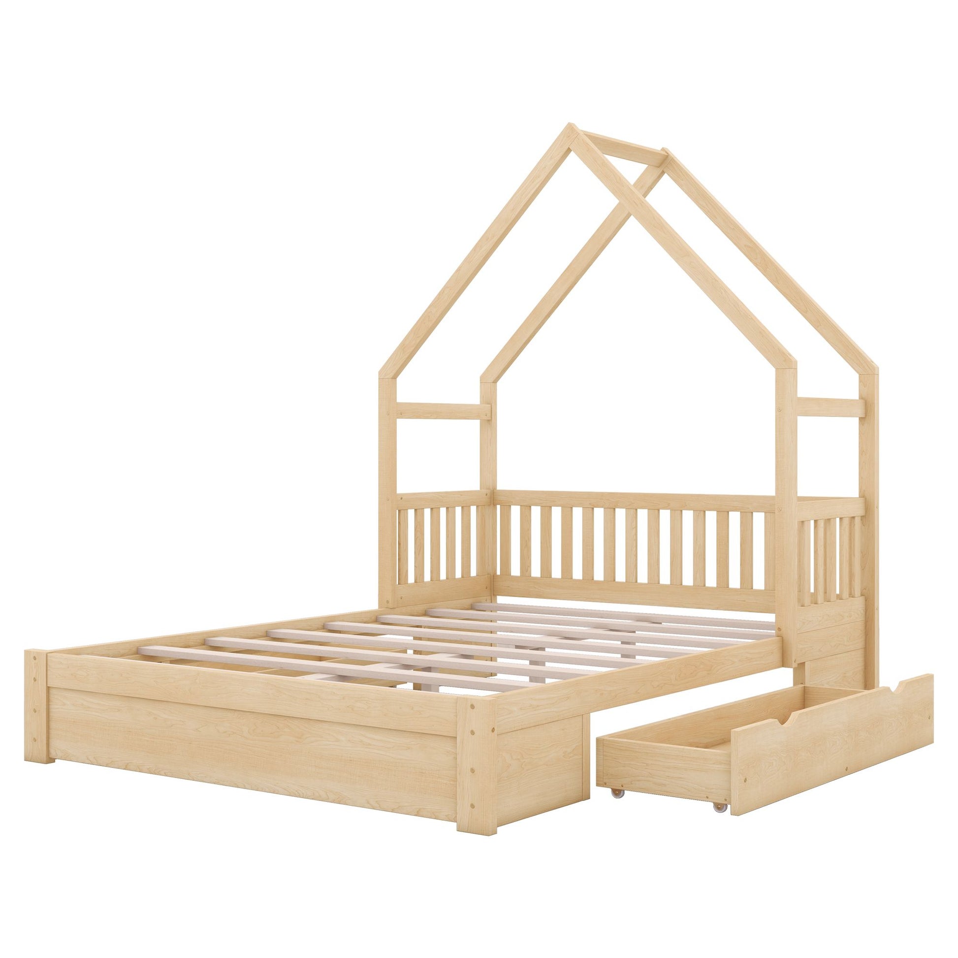Wood Queen Size House Platform Bed with Guardrail and 2 Drawers, Natural image 16