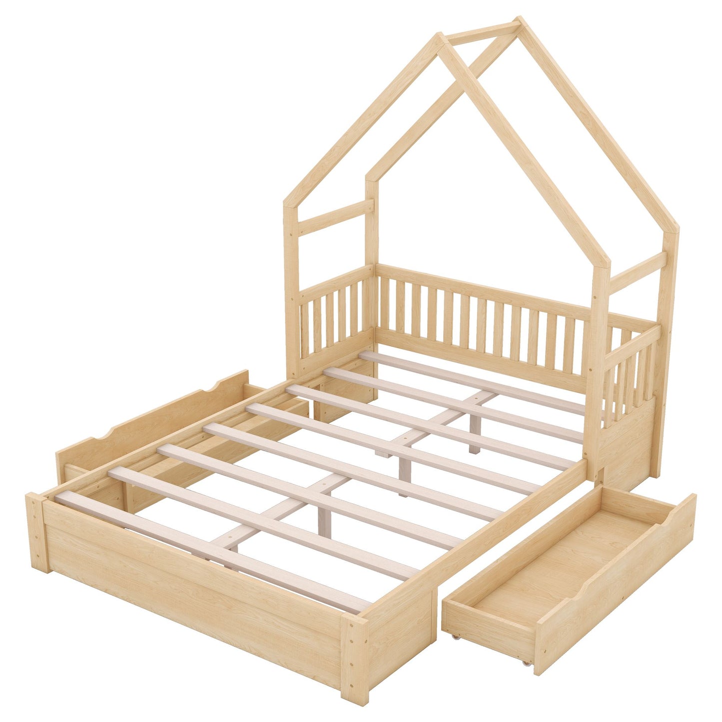 Wood Queen Size House Platform Bed with Guardrail and 2 Drawers, Natural image 17