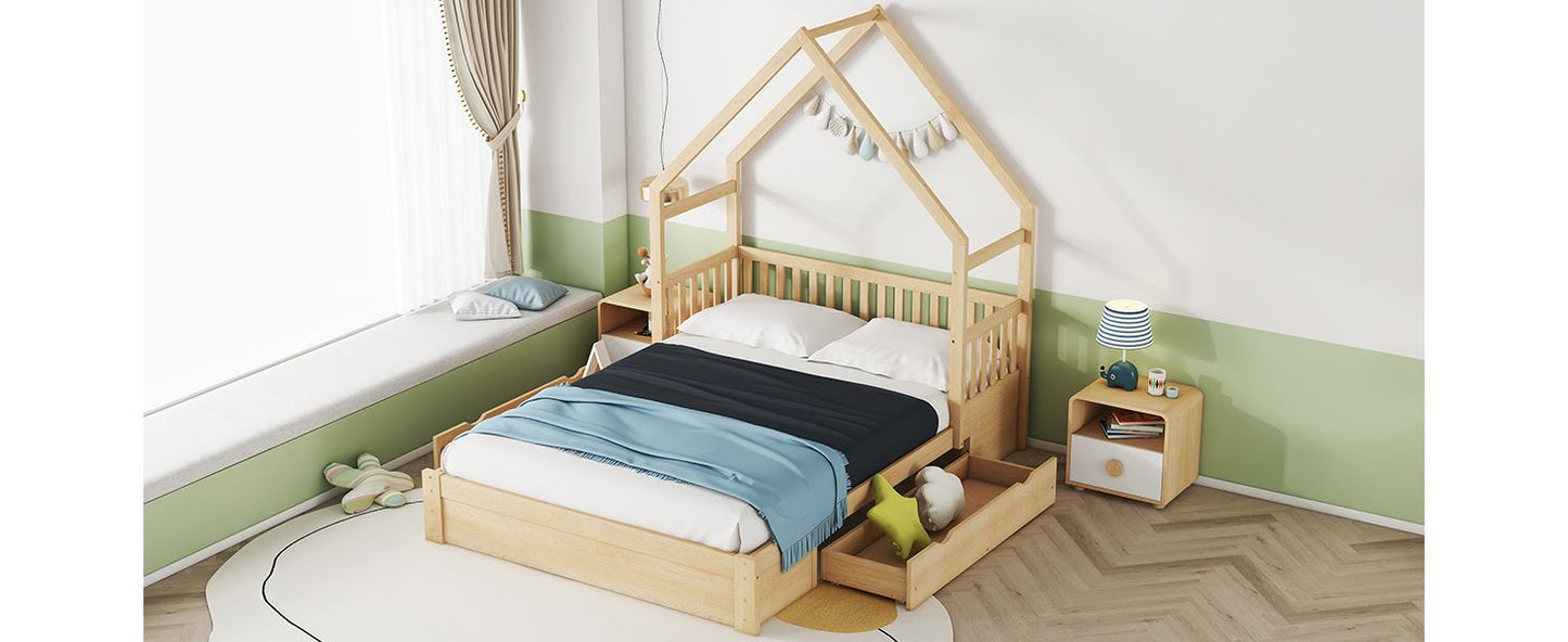 Wood Queen Size House Platform Bed with Guardrail and 2 Drawers, Natural image 9