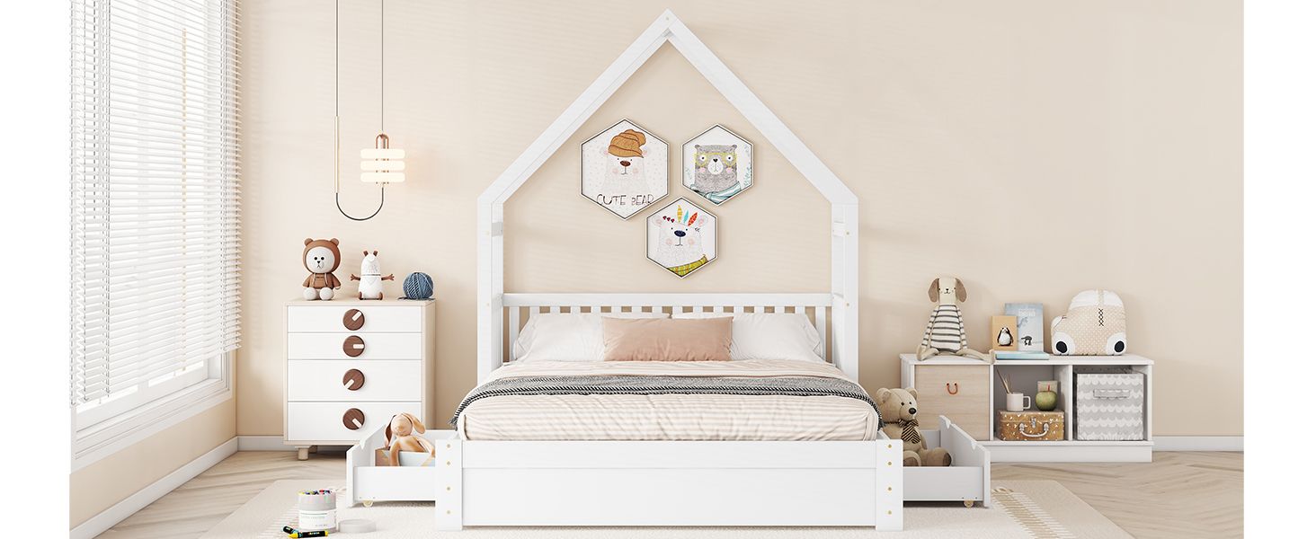 Wood Queen Size House Platform Bed with Guardrail and 2 Drawers, White image 9