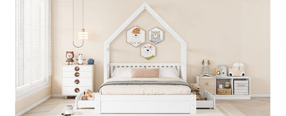Wood Queen Size House Platform Bed with Guardrail and 2 Drawers, White image 9