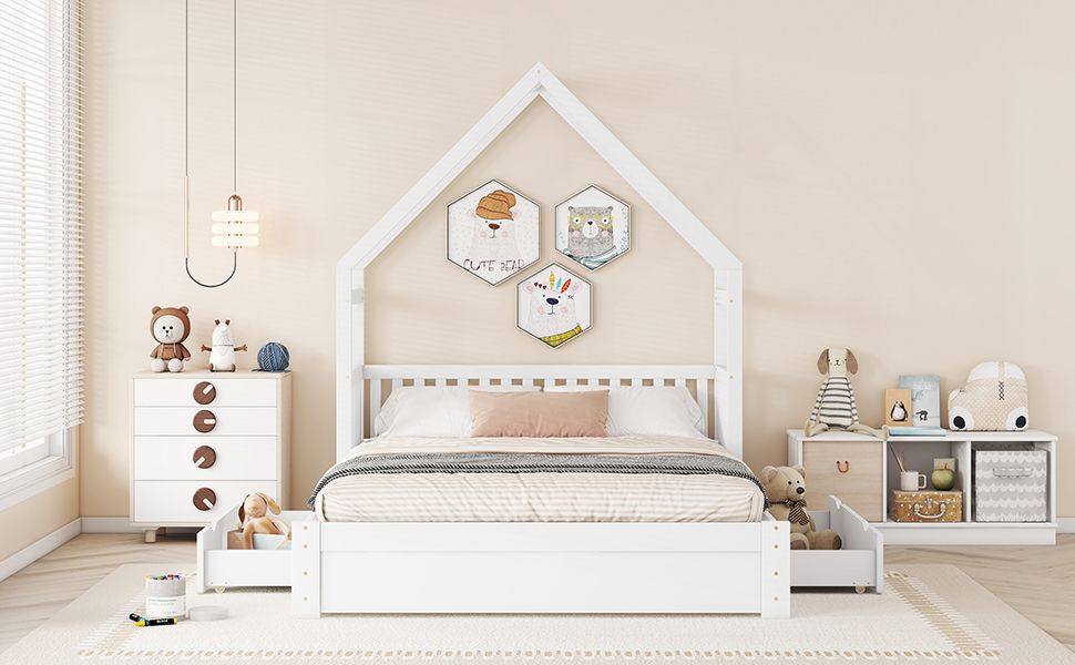 Wood Queen Size House Platform Bed with Guardrail and 2 Drawers, White image 4