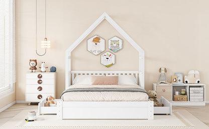 Wood Queen Size House Platform Bed with Guardrail and 2 Drawers, White image 4