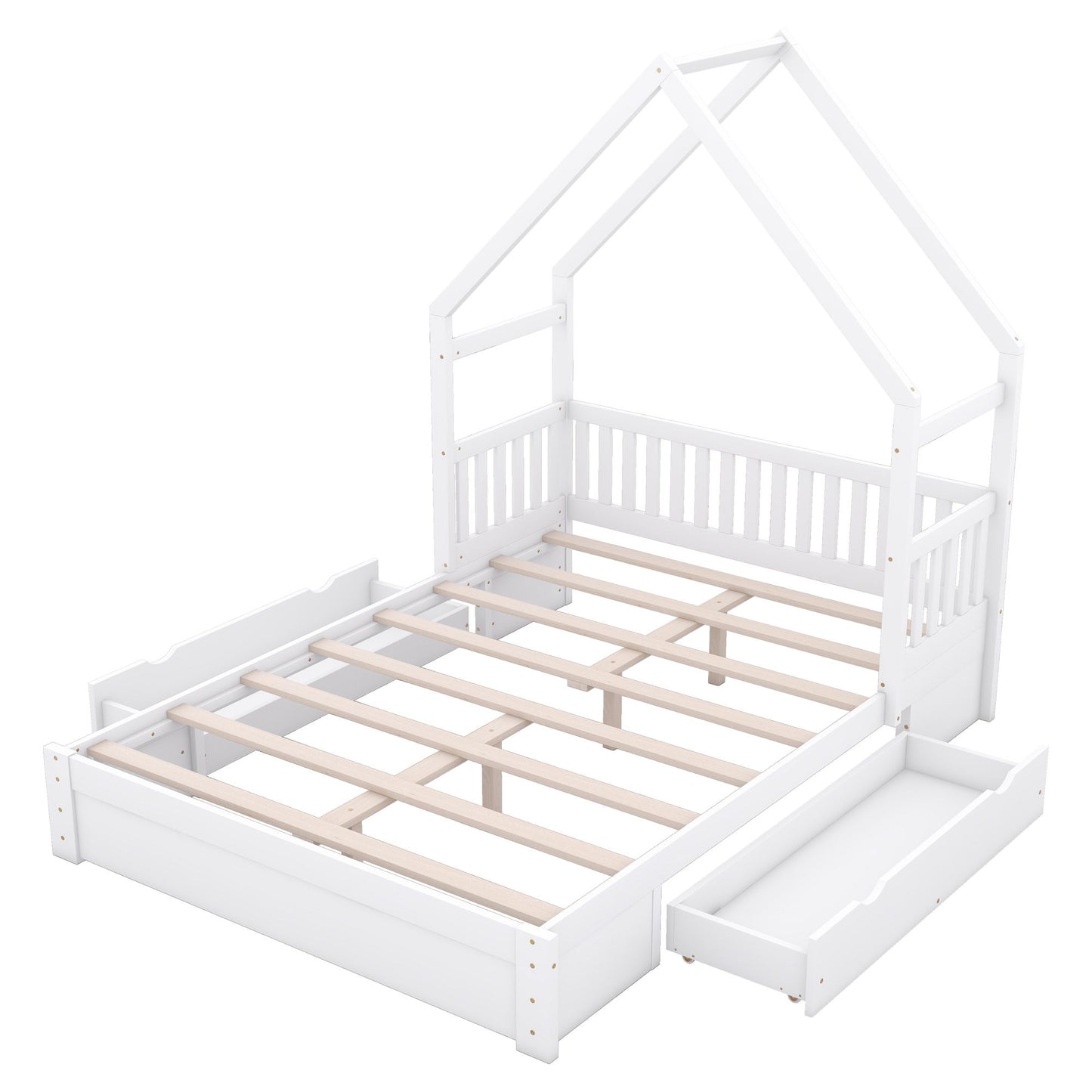 Wood Queen Size House Platform Bed with Guardrail and 2 Drawers, White image 15