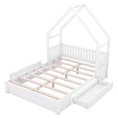 Wood Queen Size House Platform Bed with Guardrail and 2 Drawers, White image 15