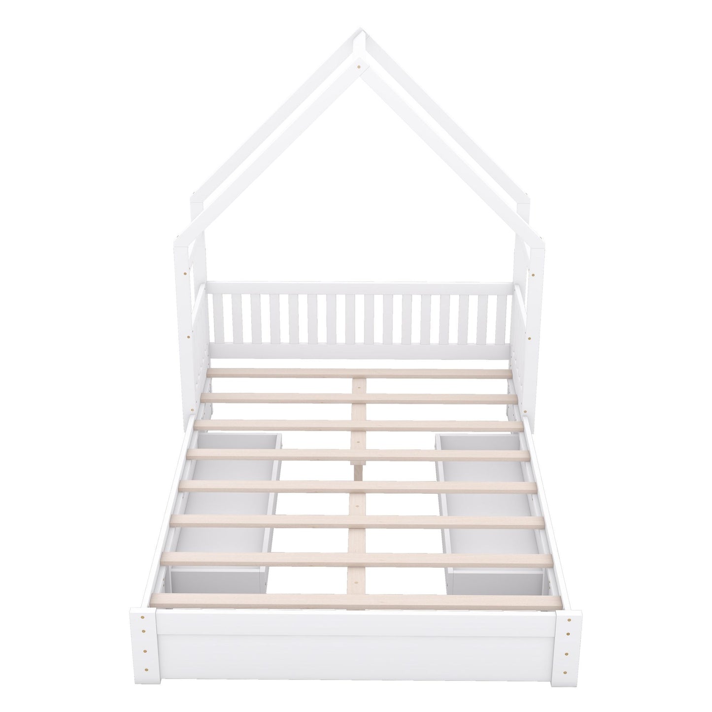 Wood Queen Size House Platform Bed with Guardrail and 2 Drawers, White image 17