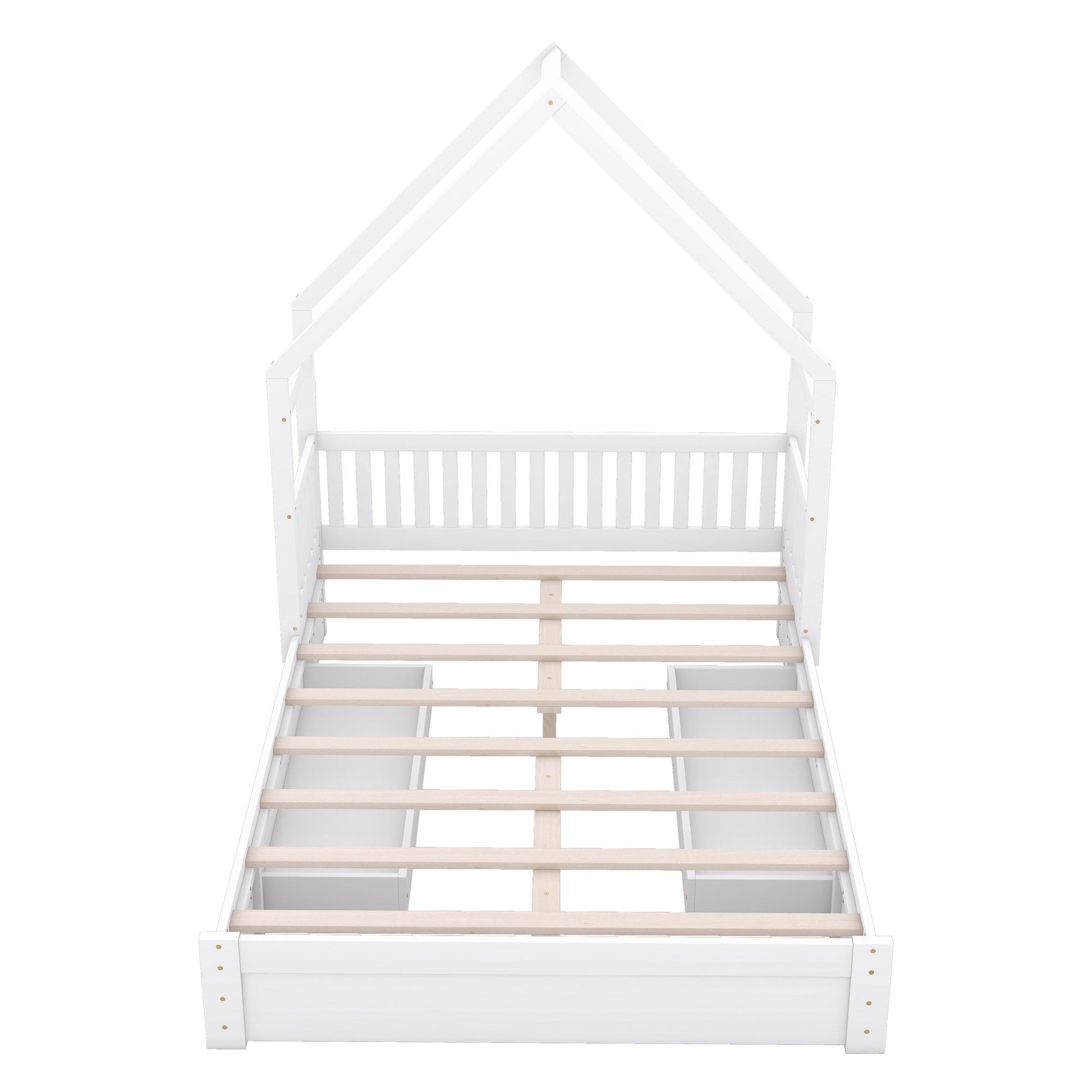 Wood Queen Size House Platform Bed with Guardrail and 2 Drawers, White image 17