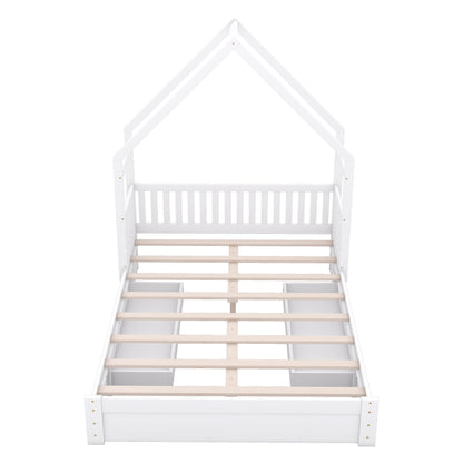 Wood Queen Size House Platform Bed with Guardrail and 2 Drawers, White image 17
