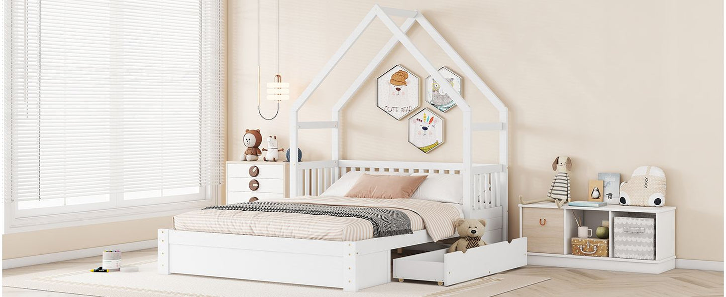 Wood Queen Size House Platform Bed with Guardrail and 2 Drawers, White image 7