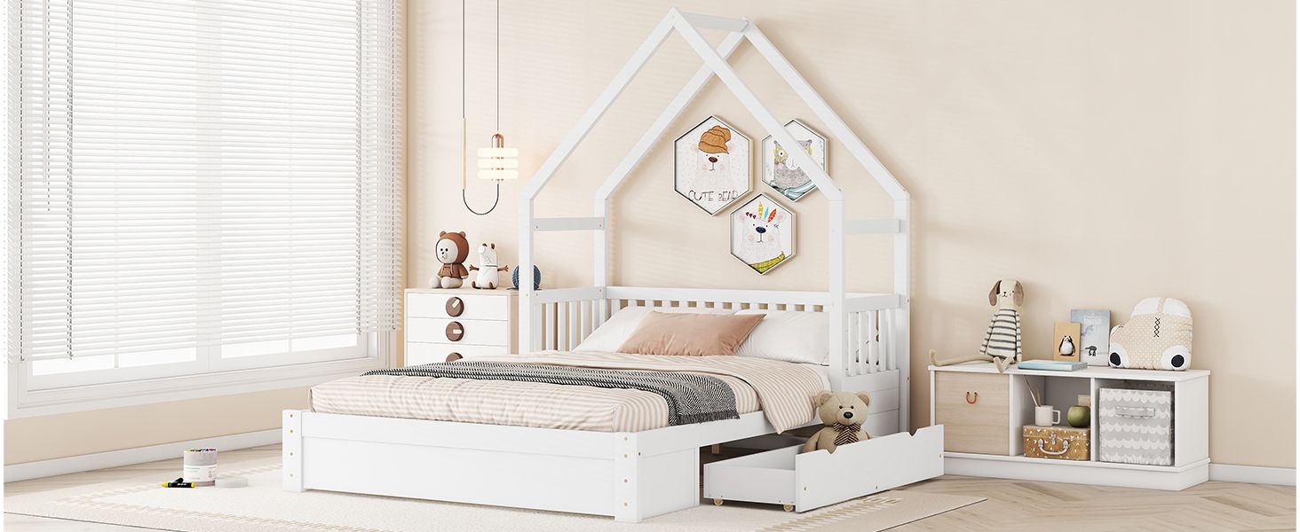Wood Queen Size House Platform Bed with Guardrail and 2 Drawers, White image 7