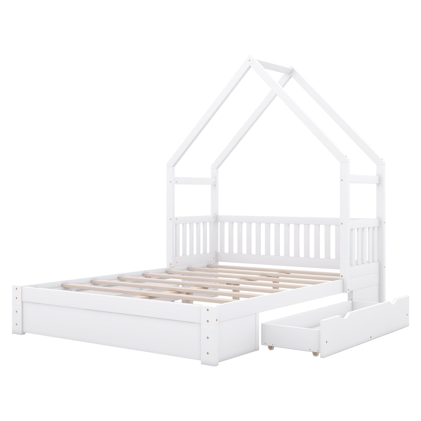 Wood Queen Size House Platform Bed with Guardrail and 2 Drawers, White image 12