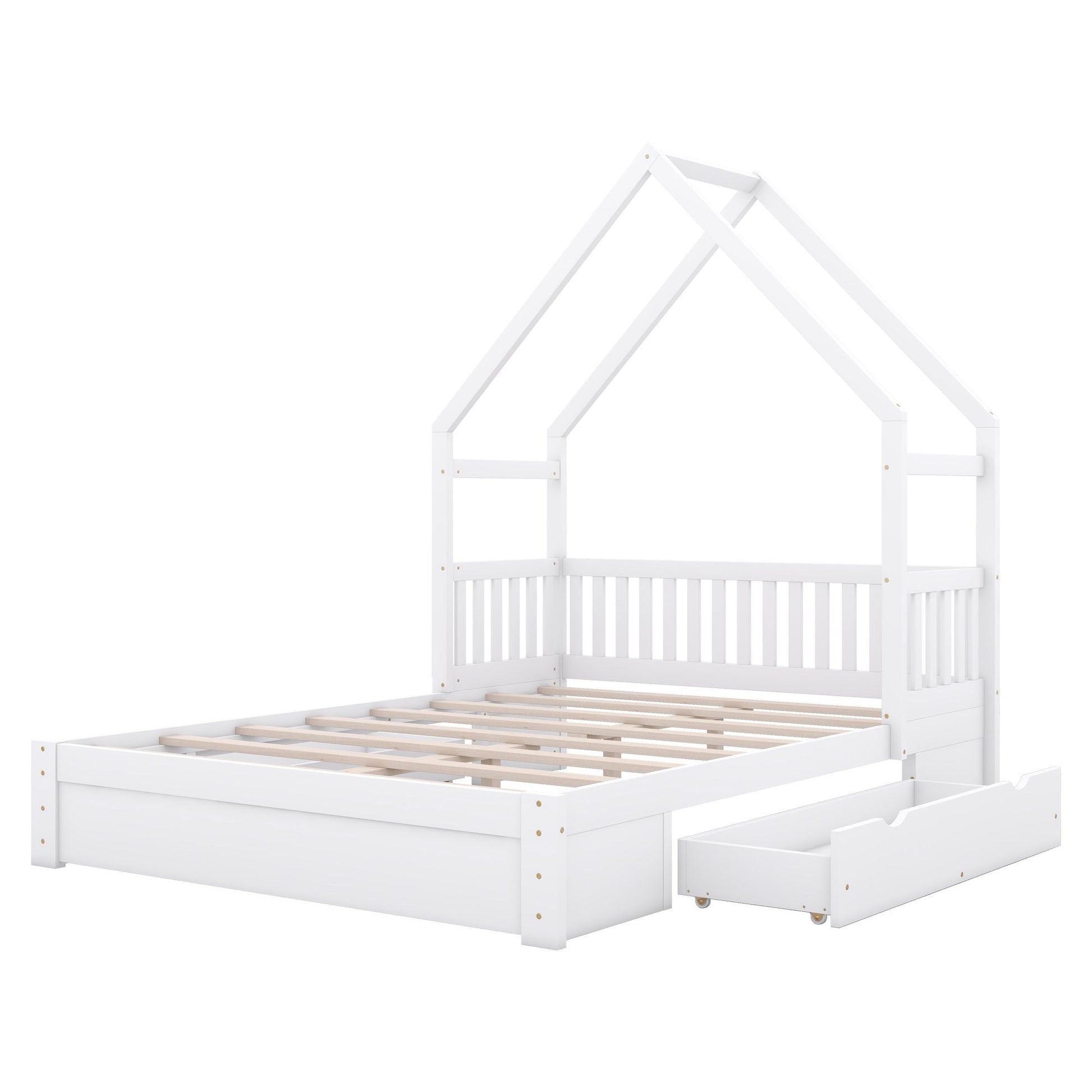 Wood Queen Size House Platform Bed with Guardrail and 2 Drawers, White image 12