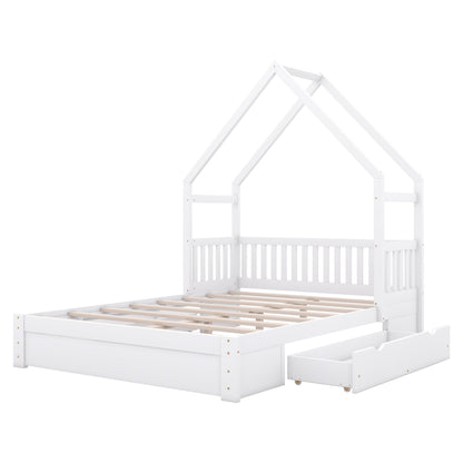 Wood Queen Size House Platform Bed with Guardrail and 2 Drawers, White image 12