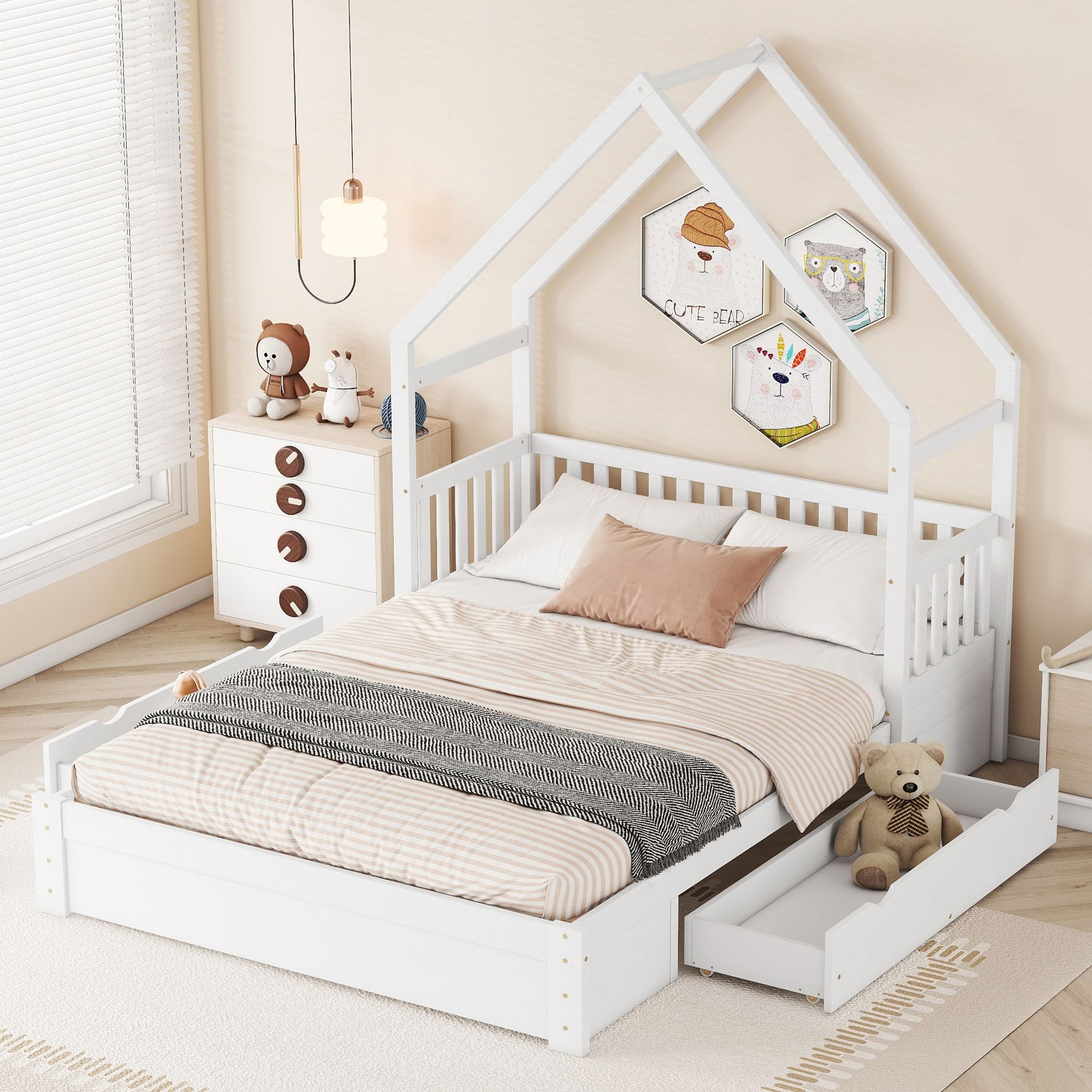 Wood Queen Size House Platform Bed with Guardrail and 2 Drawers, White image 1