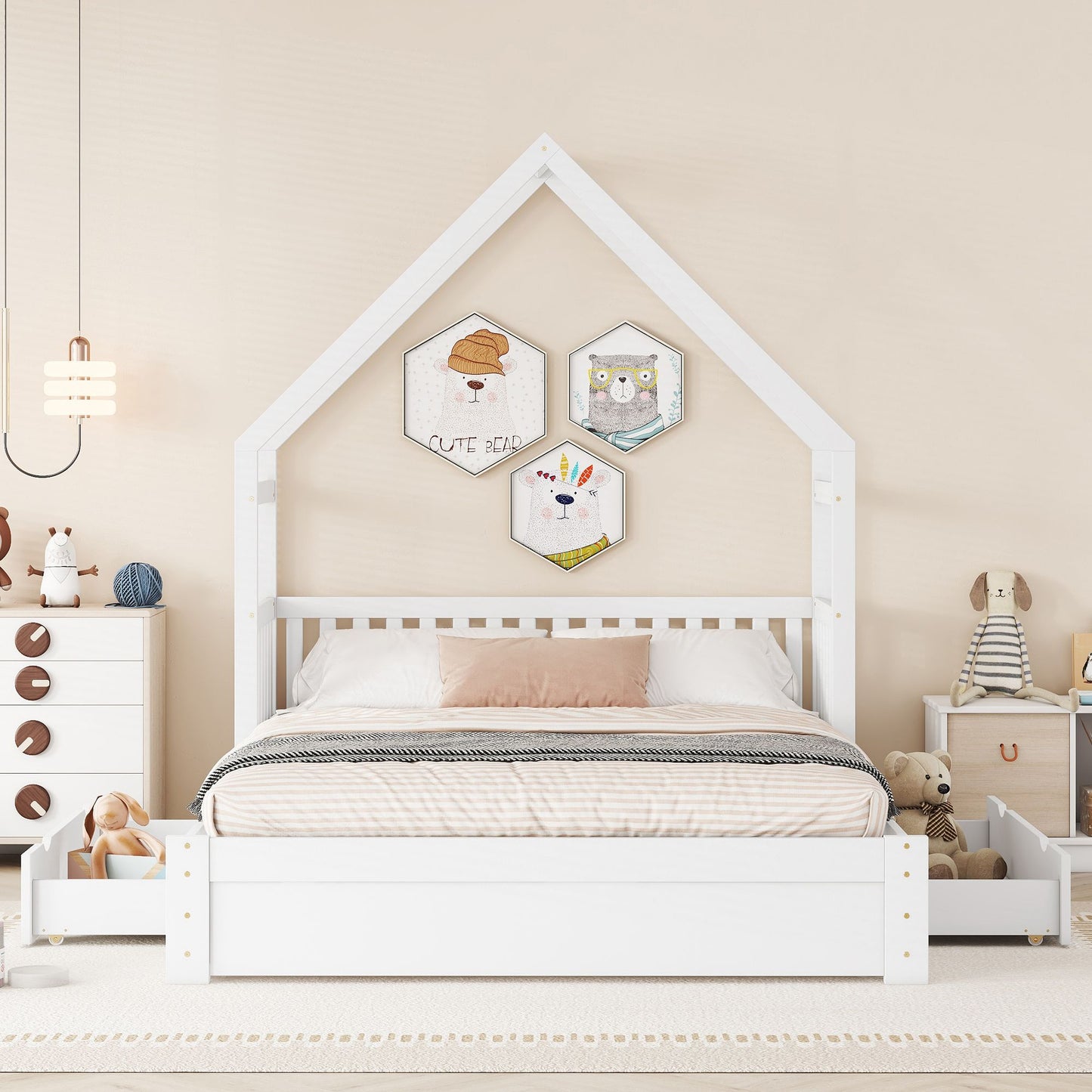 Wood Queen Size House Platform Bed with Guardrail and 2 Drawers, White image 3