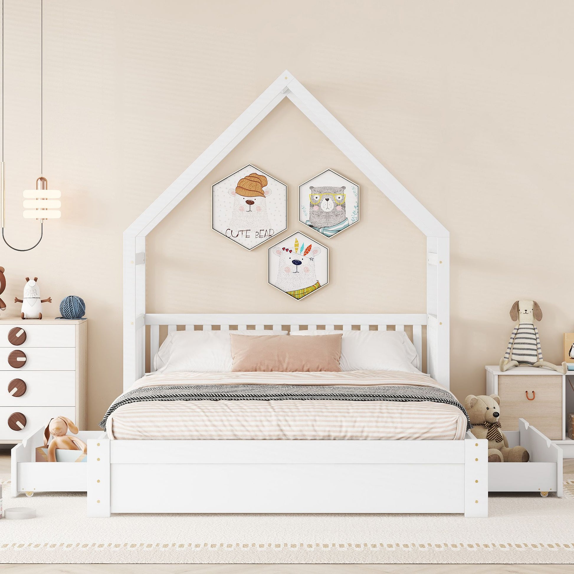 Wood Queen Size House Platform Bed with Guardrail and 2 Drawers, White image 3