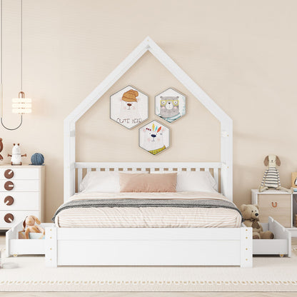Wood Queen Size House Platform Bed with Guardrail and 2 Drawers, White image 3