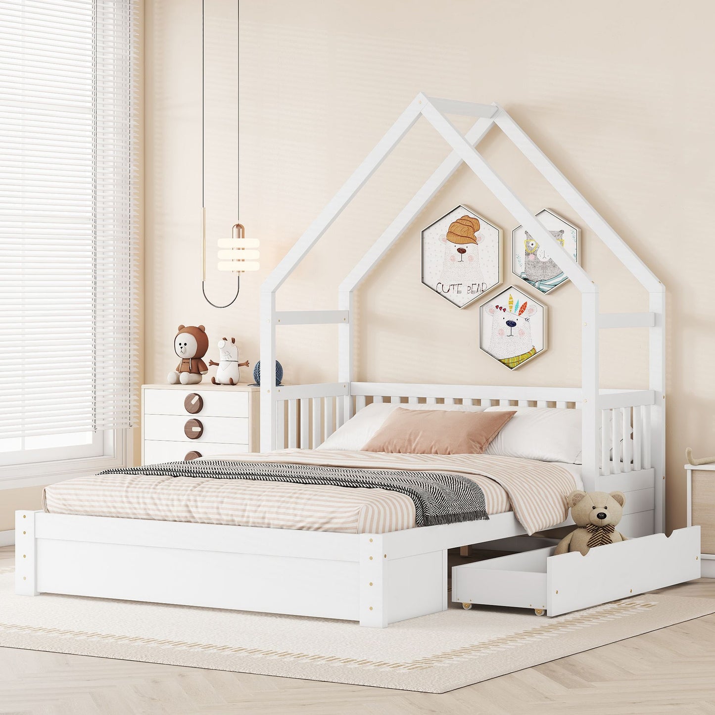 Wood Queen Size House Platform Bed with Guardrail and 2 Drawers, White image 2