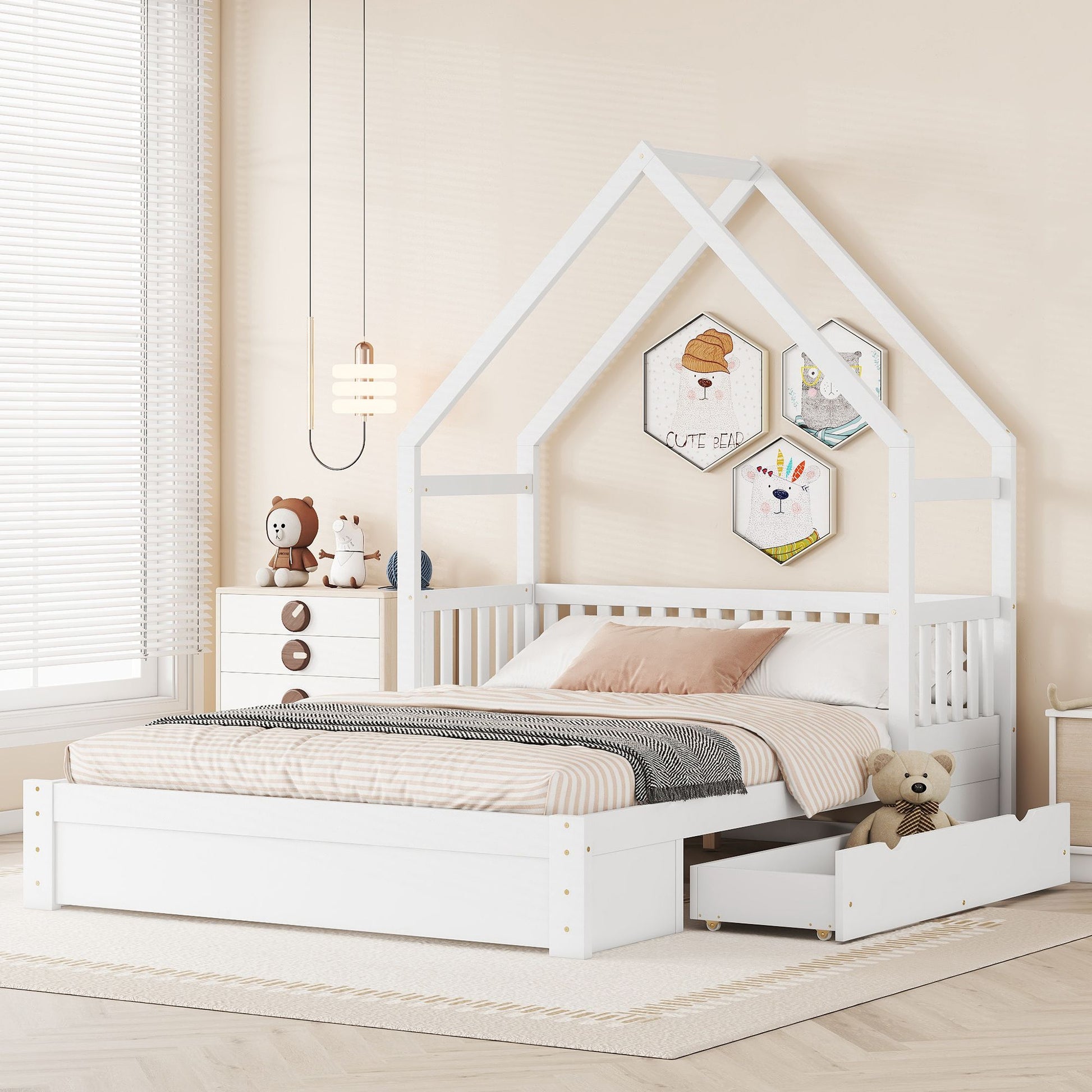 Wood Queen Size House Platform Bed with Guardrail and 2 Drawers, White image 2