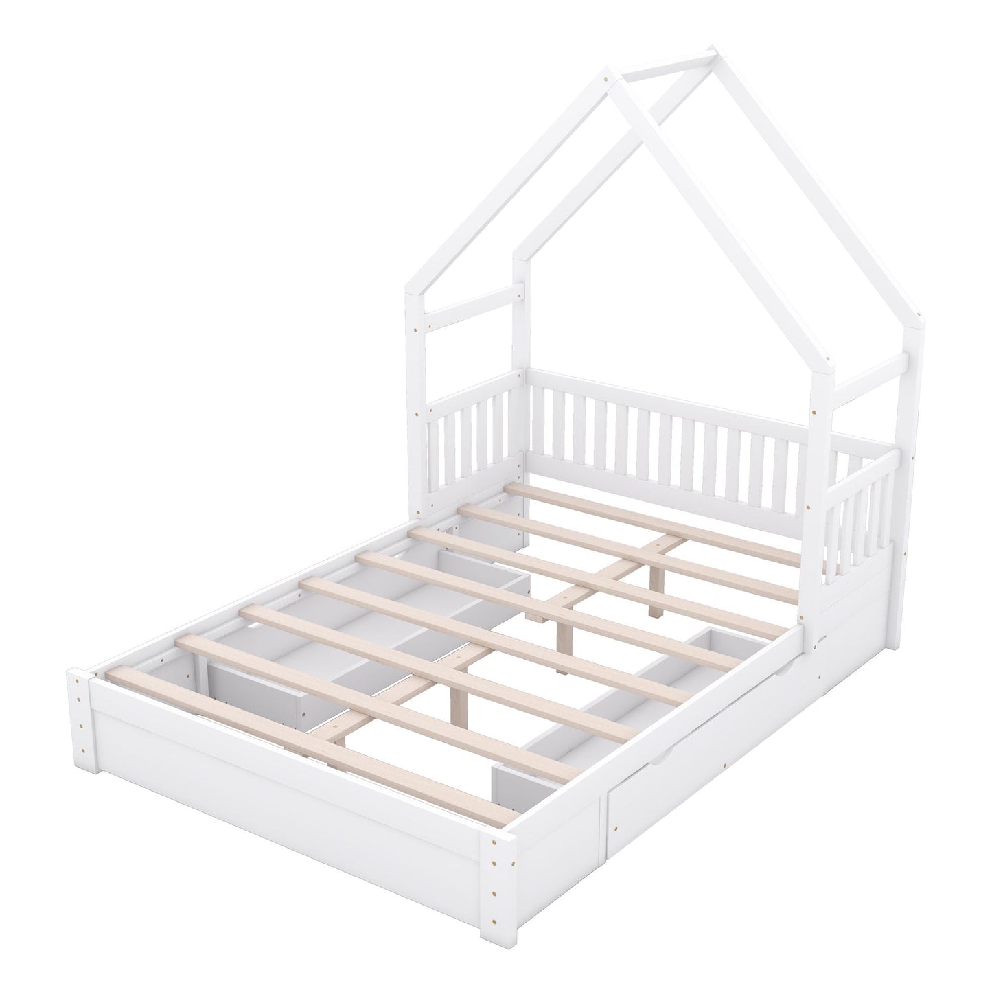 Wood Queen Size House Platform Bed with Guardrail and 2 Drawers, White image 11
